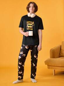 男式休闲时尚印花圆领短袖家居服上衣 - 黑色 - 查看 6