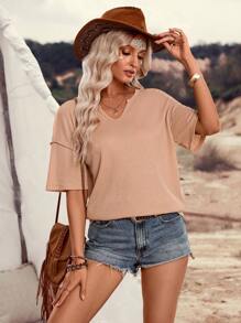 EMERY ROSE Women's Solid Color V-Neck Drop Shoulder Short Sleeve Casual T-Shirt - Khaki - View 3