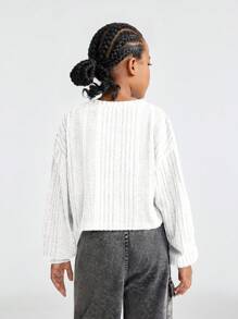 SHEIN Camiseta corta de punto acanalado con cuello en V y hombros caídos para niña preadolescente en Acción de Gracias - Blanco - Ver 2