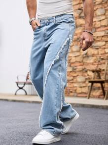 Manfinity Roughcore Men's Loose Wide Leg Frayed Hem Blue Jeans - Light Wash - View 4