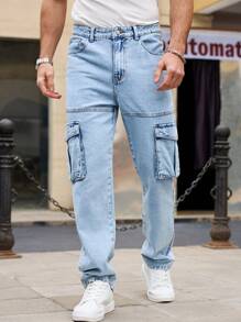 Manfinity Homme Men's Casual Washed Blue Slim-Fit Cargo Denim Jeans - Light Wash - View 6