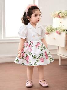 SHEIN Conjunto de falda y Top de satén con estampado floral elegante para bebé niña en verano - Blanco - Ver 3