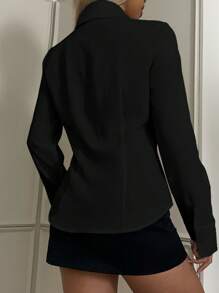 SHEIN EZwear 女式新款刺绣装饰黑色修身长袖衬衫 - 黑色 - 查看 2