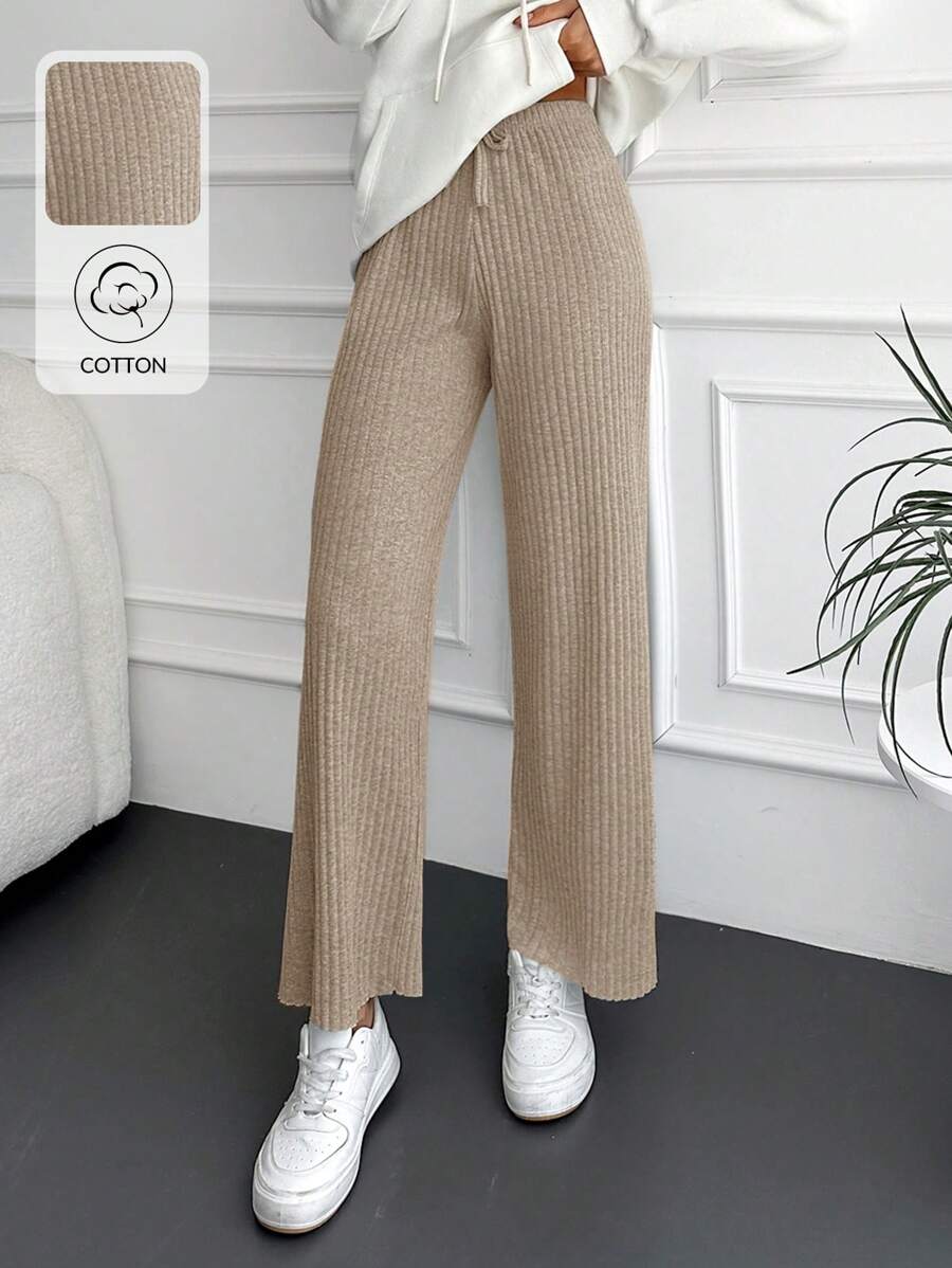 EURMUSE Quần ống đứng lưng rút dây đan gân cotton trơn - Màu be - Xem 1