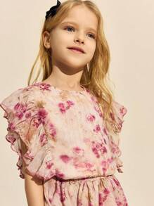SHEIN Young Girls Elegant Pink Floral Woven Ruffle Hem Blouse / Double Layer Ruffle Hem Skirt Set, Spring/Summer - Multicolor - View 6
