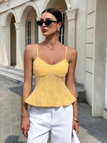 SHEIN Essnce Summer Vacation Essentials Women's Boho Linen Blend A-Line Flared Hem Camisole - Buttercream Beachwear & Casual Chic With Patchwork Detailing - White - View 5