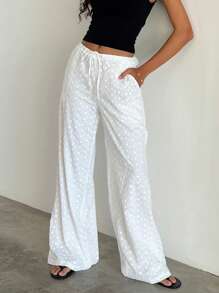 SHEIN Essnce 2025 Boho Chic High Waisted Palazzo Pants With Pockets - Summer Embroidered Wide-Leg Beach Pants For Women, Lightweight & Breathable Casual Linen (White) - White - View 1