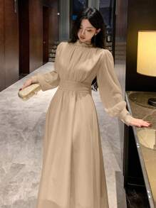 DAZY 女士宴会/约会系带宽松中长款连衣裙舞会礼服优雅秋季连衣裙 - 杏色 - 查看 5