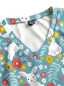 PopScrub Easter Cartoon Floral Green Leaf Motif Casual V-Neck Blouse Top, Scrub Uniform - White - View 4