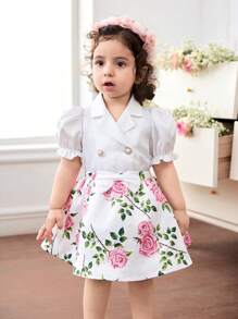 SHEIN Conjunto de falda y Top de satén con estampado floral elegante para bebé niña en verano - Blanco - Ver 4