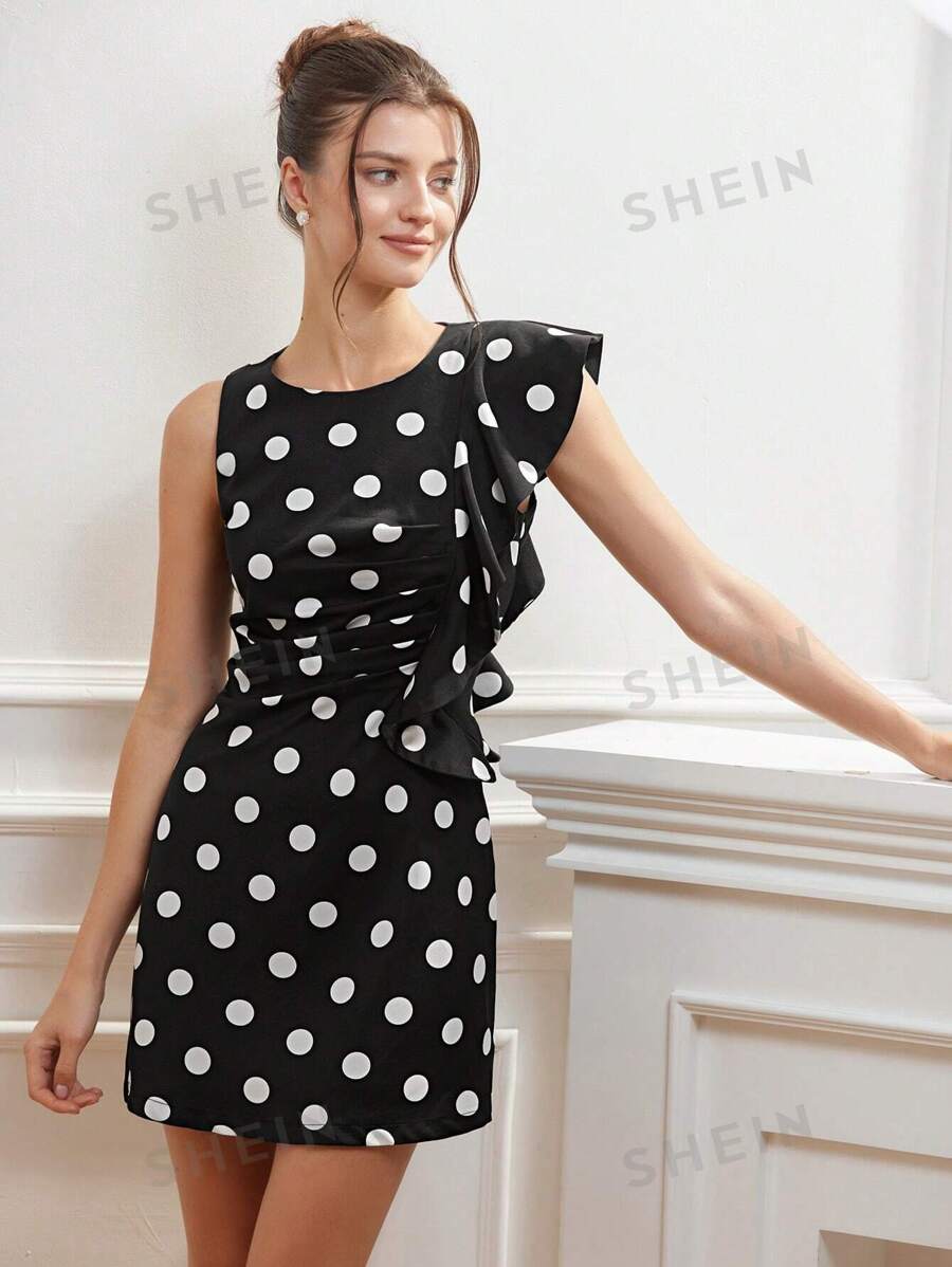 Aveloria Rosie Vestido minifalda plisado elegante y delgado para mujer con cuello redondo, diseño de lunares de contraste, volantes asimétricos y cintura fruncida, de estilo chic y de alta gama