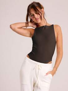 Musera Sport 直领无袖罗纹吊带连体衣，修身休闲胶囊衣橱必备单品，适合日常商务办公、返校季、秋季、黑色派对、春夏、优雅复活节等场合。 - 巧克力棕 - 查看 5