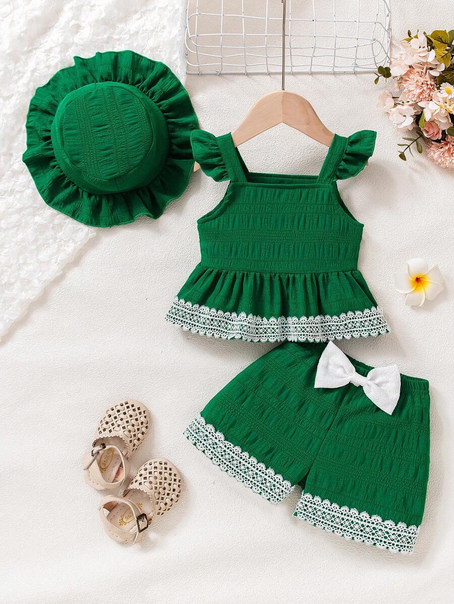 Baby Girl Fashion Casual Cap Sleeve Lace Splice Top With Shorts And Hat, Summer - Green - View 1