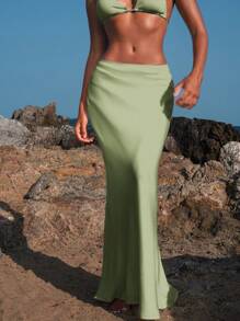 Opulessa Chân váy maxi dáng đuôi cá màu trơn thanh lịch dành cho nữ mùa thu đông, thích hợp đi chơi, dự đám cưới, phong cách công sở thường ngày, đi xem hòa nhạc, dự tiệc, đi club. - Màu xanh Bạc hà - Xem 5