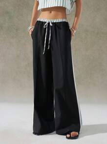 LYSMO Casual Commuter Super Oversized Wide-Leg Pants With Side Stripes And Waistband Details - Black - View 3
