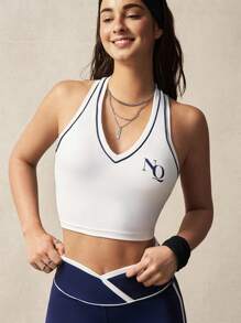 VARSITIE 白色高弹力撞色边饰印花短款运动背心 - 白色 - 查看 5