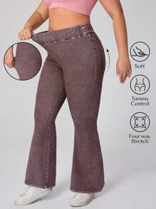 SHEIN Essnce Plus Size Brown Washed Denim Flare Jeans For Women: Soft, Stretchy, And Tummy-Control Design For All-Day Comfort - Brown - View 1