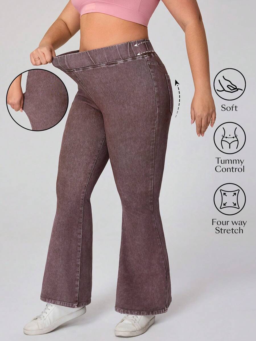 SHEIN Essnce Plus Size Brown Washed Denim Flare Jeans For Women: Soft, Stretchy, And Tummy-Control Design For All-Day Comfort - Brown - View 1
