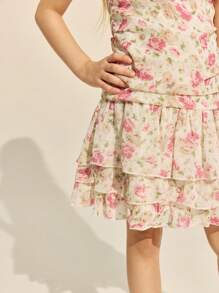 SHEIN Elegantes rosa Blumenkleid mit Rüschenkragen und ärmelloser A-Linie für Kleine Mädchen im Frühling und Sommer