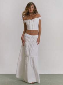 MUSERA 露肩棉质褶皱钩扣修身短款上衣，适合田园风情、节日、假日、西部风情、外出、夜店等场合，优雅春夏风格 - 白色 - 查看 5