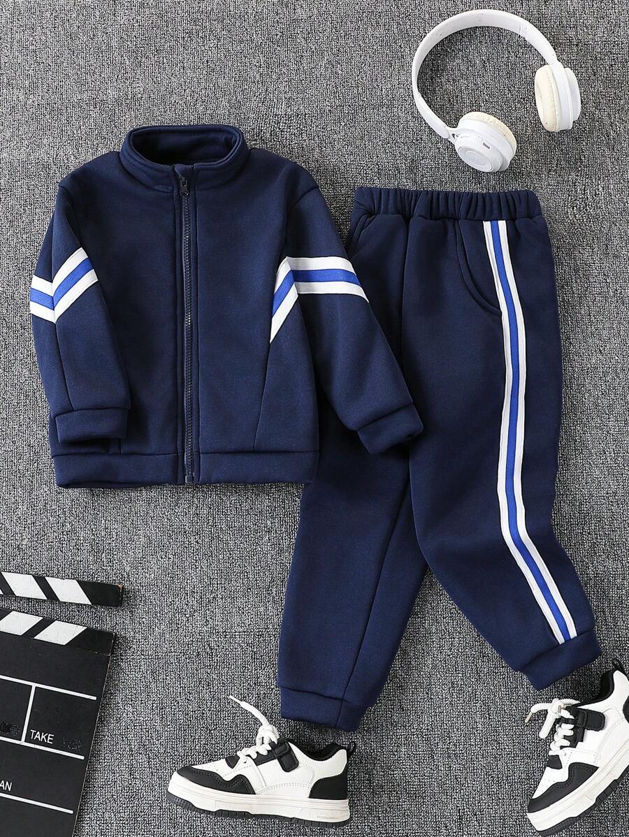 SHEIN 4-7 岁男孩保暖内衬运动套装,舒适时尚的休闲运动服,适合节日、生日、派对、日常穿着、秋季、春季、冬季、家居服,包含长袖夹克和裤子套装 男童运动服男童慢跑套装男童慢跑套装男童运动服男童运动服 - 寶藍色 - 查看 1