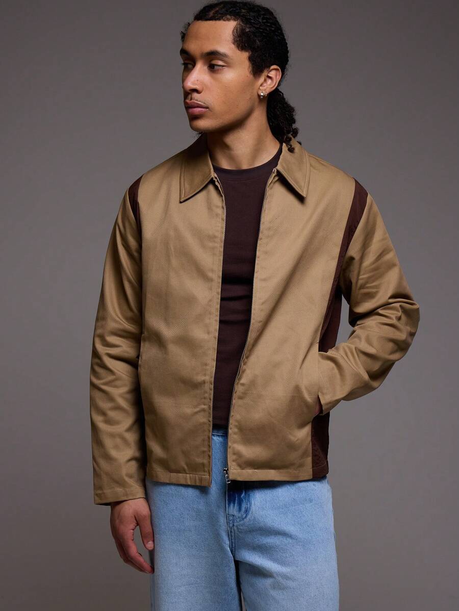 Musero Veste de camionneur zippée à col avec panneau contrasté - Marron - Voir 1