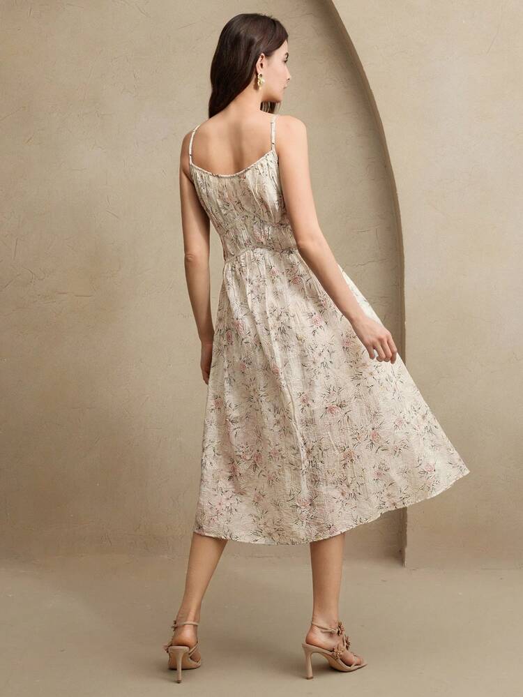 Women's Elegant Floral Bow Print Tie Waist Dress, Summer Brunch Outfits Festival