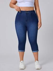 SHEIN Essnce 大码女式弹力牛仔裤，卷边设计，百搭紧身款式 - 藍色 - 查看 5