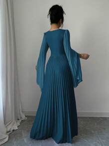 Elenzga V-Neck Pleated Open Sleeve Elegant Romantic Women Dress Maxi Women Outfit Fall Cloth For Women - Teal Blue - View 2