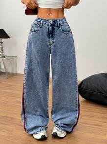 SHEIN Tall Women's Jeans Casual Fit Straight Trousers Blue Tall Women Baggy Low Rise Pants Summer For Spring - Medium Wash - View 3
