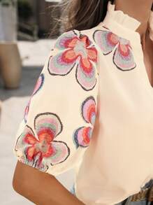 Breezaya Blusa blanca con cuello de pie, manga corta abullonada y estampado floral, nueva de moda minimalista para primavera/verano para mujer - Albaricoque - Ver 6