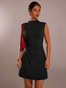 SHEIN Forever 21 Summer Clothes /Business Women Attire/Graduation Outfit /Women Workoutfits /Elegant /Casual Women Outfits/Summer Clothes /Black Sleeveless Stretch Waist A-Swing Mini Dress - Black - View 3