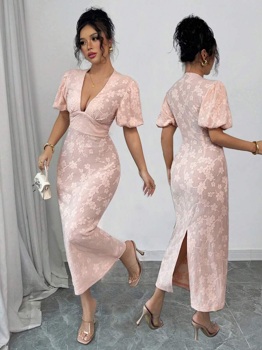 Elenzga 女士优雅法式提花 V 领修身中长连衣裙，带腰带、泡泡袖、开衩下摆，适合通勤和情人节，粉色 - 粉色 - 查看 1