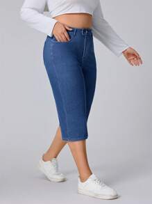 Flexra Plus Size Women's Stretchy Fashion Casual Straight-Leg Capri Jeans Apple Bottom Jeans Women Autumn Outfits Capris For Women Plus Plus Jeans For Women - Blue - View 5