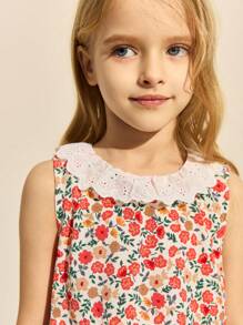 SHEIN Young Girls' Elegant Ditsy Floral Print Woven Ruffle Collar Dress, Spring/Summer - Multicolor - View 7