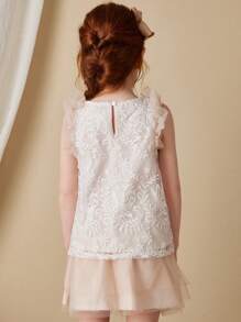 Blossori Young Girls French-Style Elegant White Organza Embroidered Blouse And Mesh Skirt 2 Pieces Set, Spring/Summer - Pink - View 2