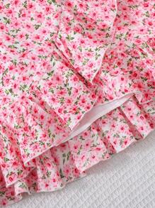 SHEIN Tween Girl 2pcs/Set Casual Simple Comfy Crew Neck Sleeveless Ruffle Hem Crop Top And Skirt - Pink - View 2