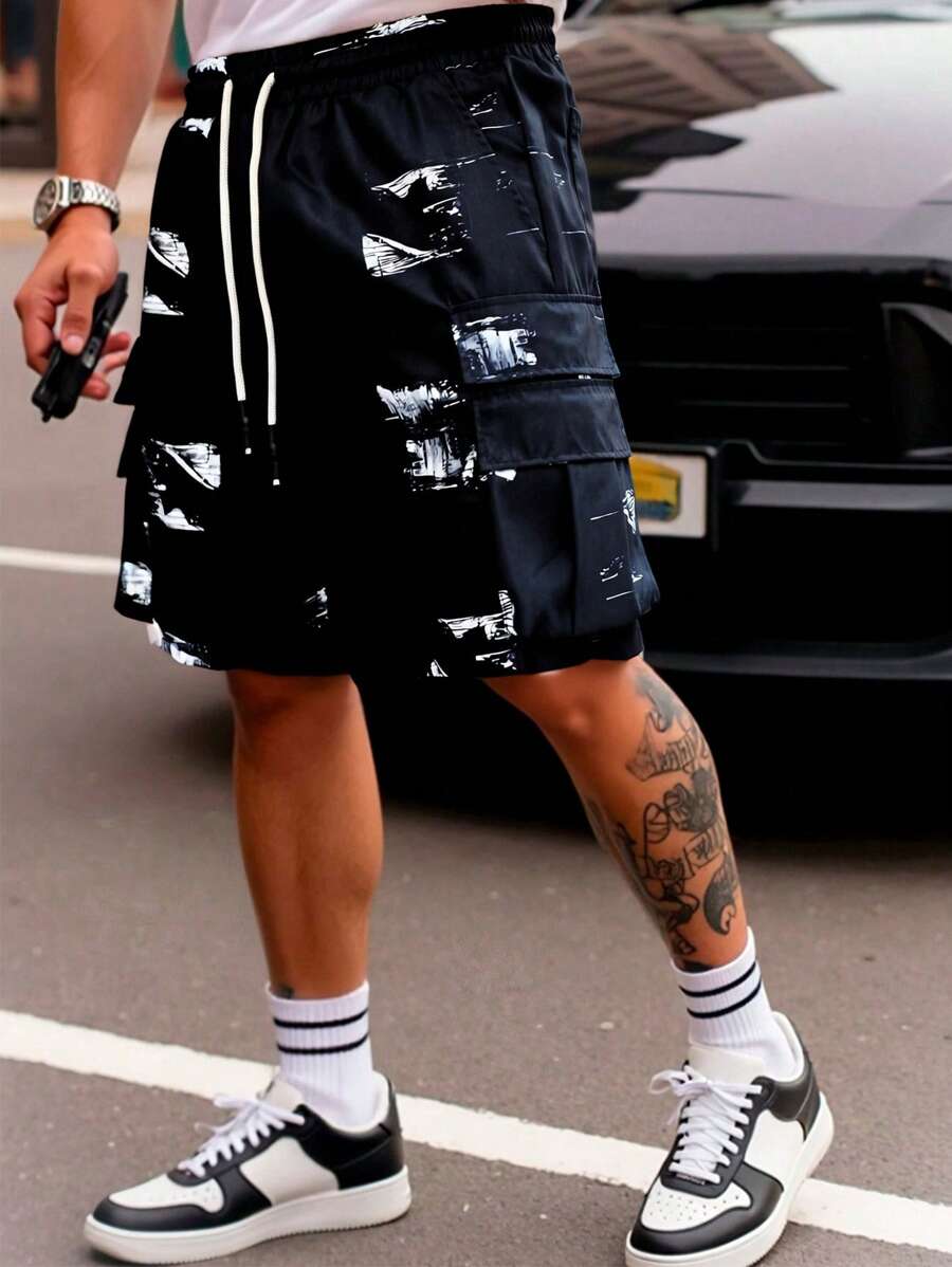 Manfinity LEGND Men's Brush Print Drawstring Waist Cargo Pocket Shorts - Black - View 1