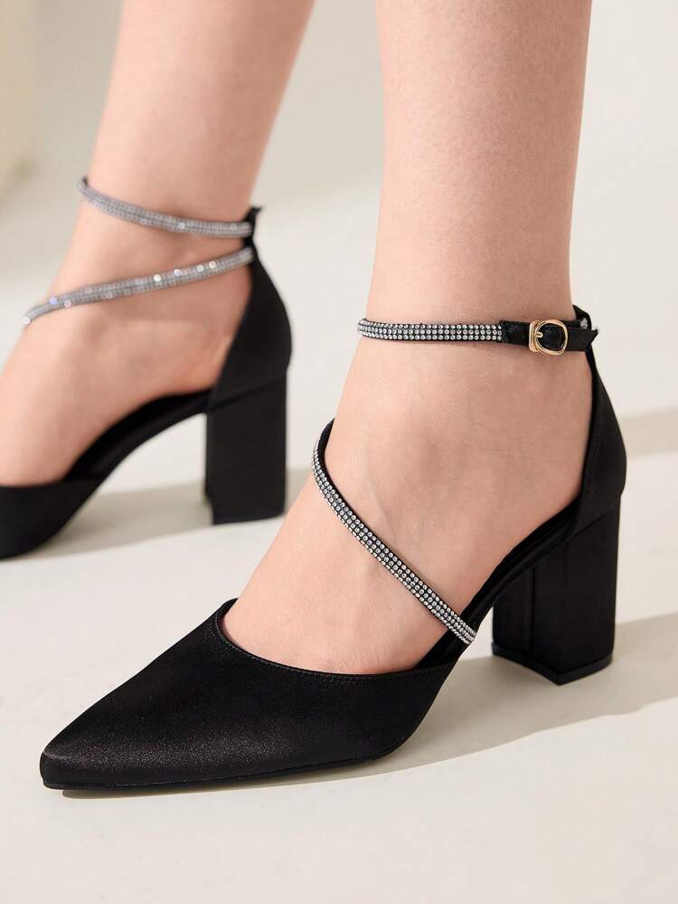 CUCCOO CHICEST Women's Fashion Black Satin Rhinestone Wrapped Ankle Strap Pointed Toe Chunky High Heel Pumps, Suitable For Commuting, Dates, Parties, Shopping, Holidays