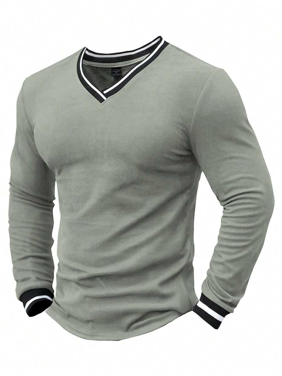 Manfinity Homme 男士休闲条纹 V 领长袖 T 恤，秋季 - 淺灰色 - 查看 1