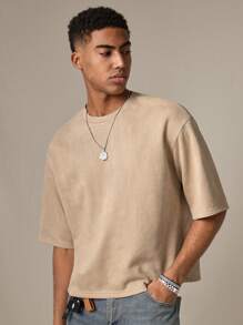 SWAVVY 男士针织时尚休闲宽松数字刺绣短袖T恤，夏季，学校，秋季 - 卡其色 - 查看 2