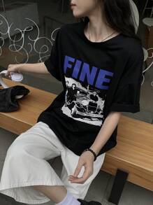 DAZY Camiseta casual y holgada de mujer con estampado de letras y bloques de color, camiseta gráfica de verano con diseño oversize, parte superior estilo preppy - Negro - Ver 3