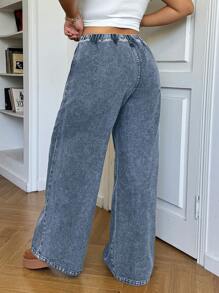 SHEIN EZwear 大码休闲宽松松紧腰阔腿牛仔裤，黑色 - 淺色水洗藍 - 查看 2