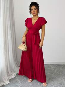 Elenzga Nuevo mono para mujer con cuello en V, mangas campana con volantes, pierna ancha fruncida, estilo ceñido y acampanado, para uso casual, viajes, fiestas, citas, elegante y de ajuste ceñido