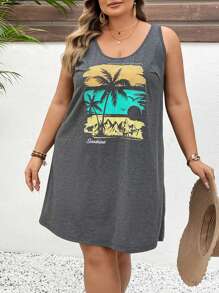 SHEIN CURVE+ Large Women's Minimalist Vacation Pattern Sleeveless Dress, Suitable For Spring/Summer Beach Holiday - Dark Grey - View 7