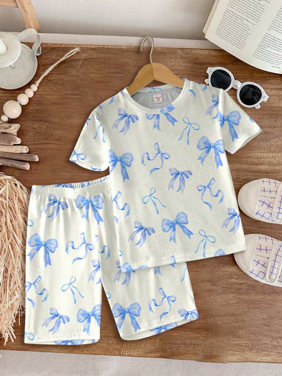 SHEIN Leap Crew Tween 女童休闲简约短袖短裤睡衣套装,罗纹面料,贴身剪裁,适合春夏季 - 白色 - 查看 1