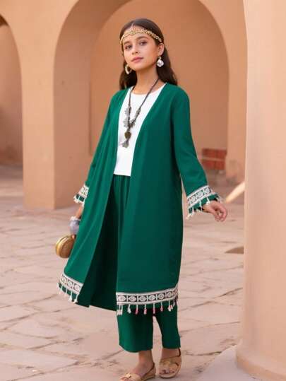 SHEIN 少女1件對比色帶流蘇裝飾開襟外套＆1條春夏通勤褲