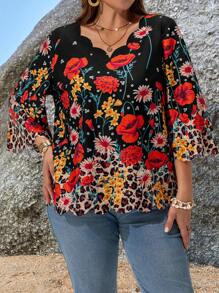 EMERY ROSE 大码休闲花卉豹纹衬衫，适合度假夏季女装热带度假女士衣服海滩 - 彩色 - 查看 7