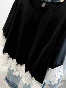 SHEIN LUNE Áo cánh nữ thanh lịch, đi làm, gợi cảm, tối giản, dễ thương, giản dị, đa năng, thời trang có viền ren, cổ tròn, viền lưới, màu đen và trắng, cỡ lớn, phù hợp cho mùa xuân, hè, thu - màu đen - Xem 3