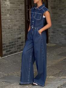 Livesso Women's Single-Breasted Casual Vest And Wide Leg Loose Denim Suit